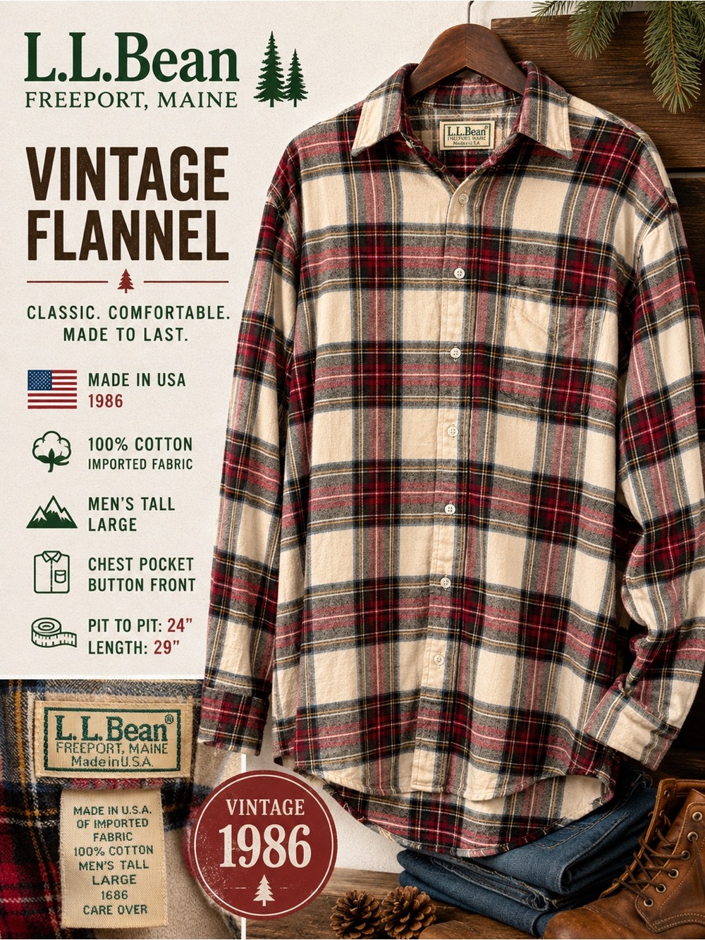 Vintage L.L.Bean Flannel Shirt Large Tall Made USA Plaid Cotton Button Down
